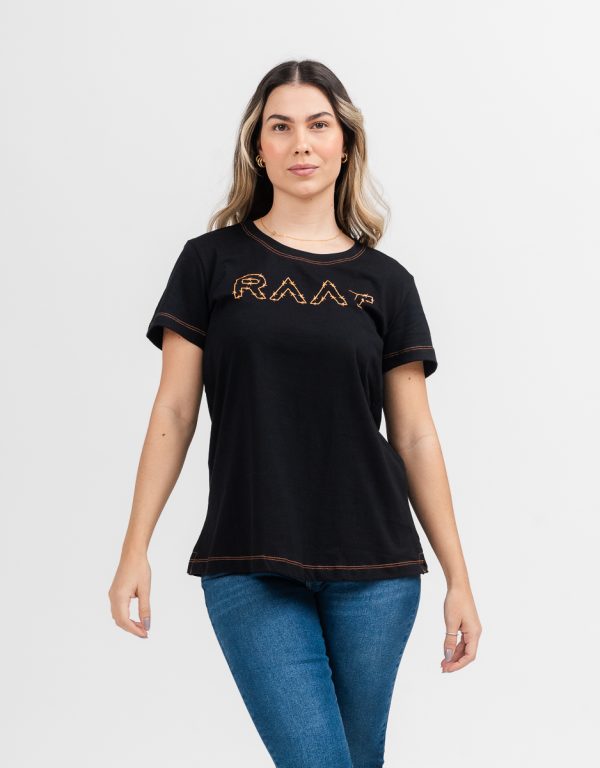 Camiseta RAAT preta e laranja feminina 1