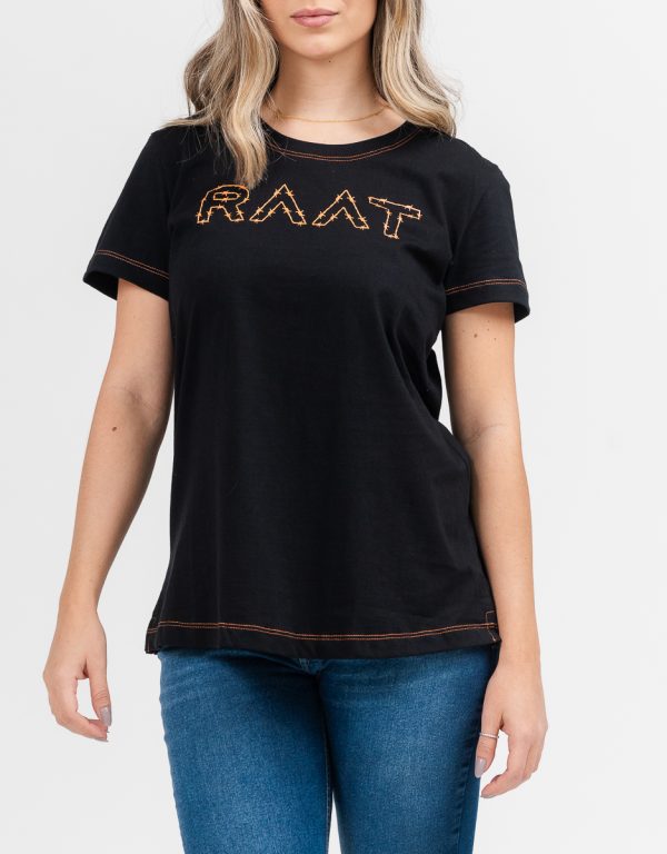 Camiseta RAAT preta e laranja feminina 3